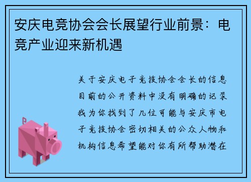 安庆电竞协会会长展望行业前景：电竞产业迎来新机遇