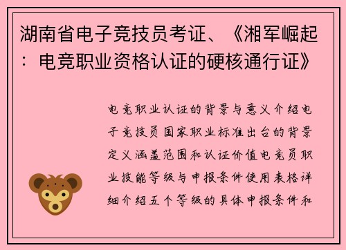 湖南省电子竞技员考证、《湘军崛起：电竞职业资格认证的硬核通行证》》