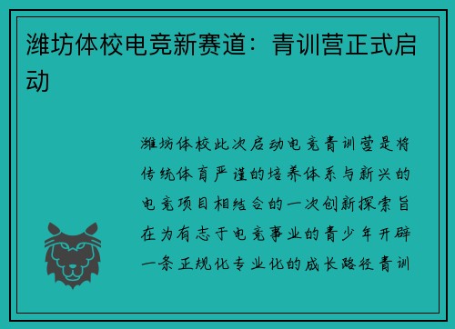 潍坊体校电竞新赛道：青训营正式启动